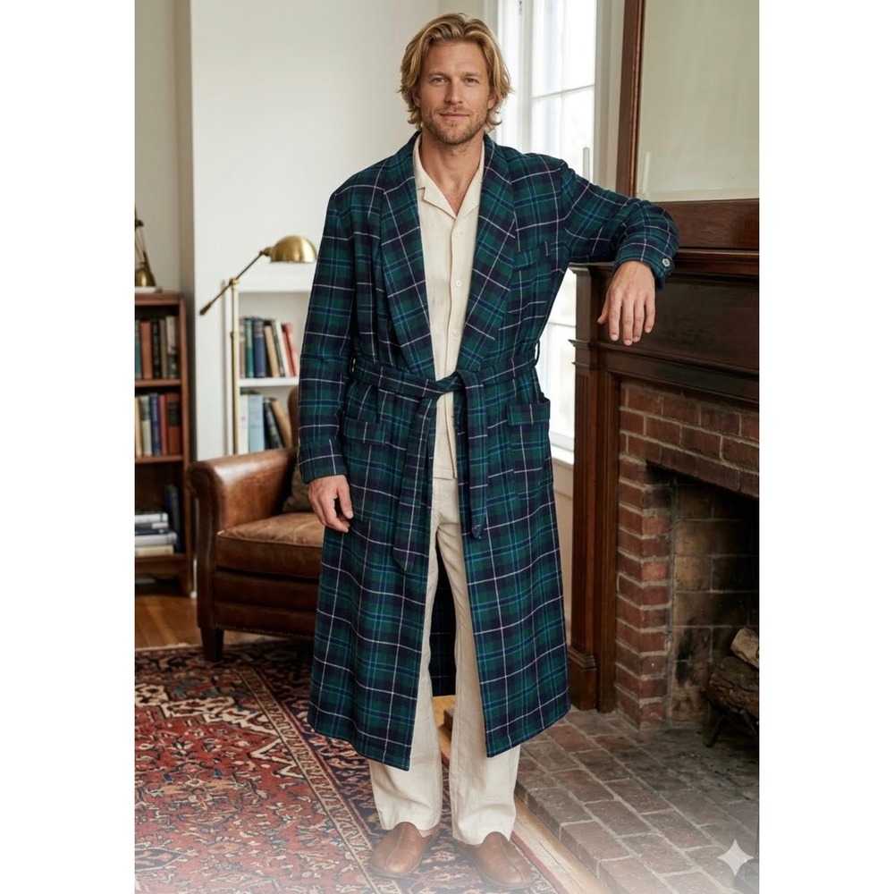 Pendleton Men's L Wool Robe Watch Plaid Shawl Collar Dressing Gown Green Blue